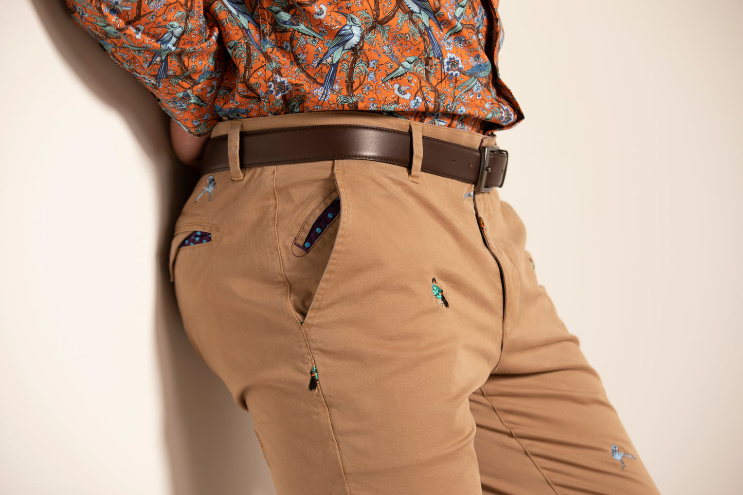 Charles Khaki Birds Embroidery Pants