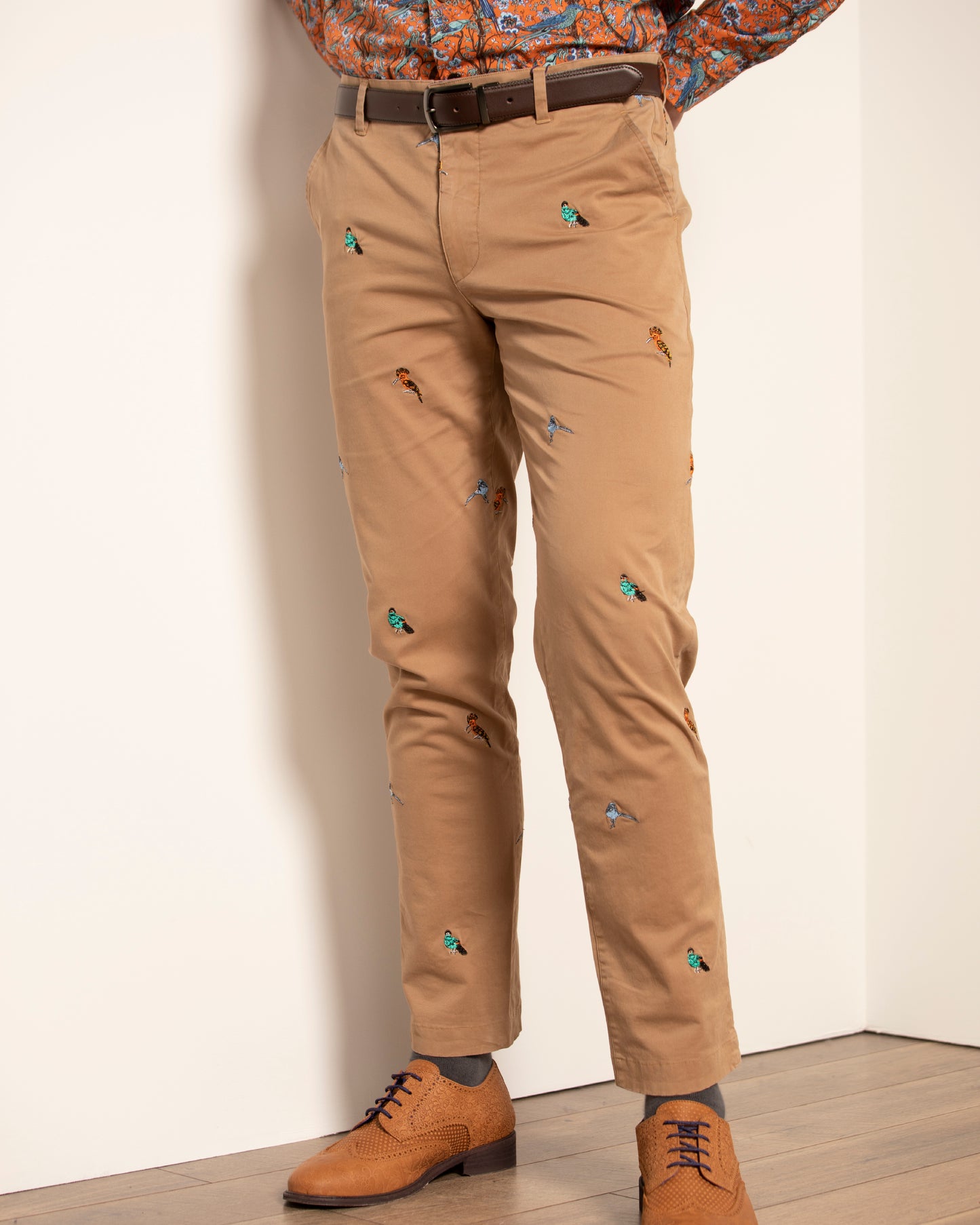 Charles Khaki Birds Embroidery Pants