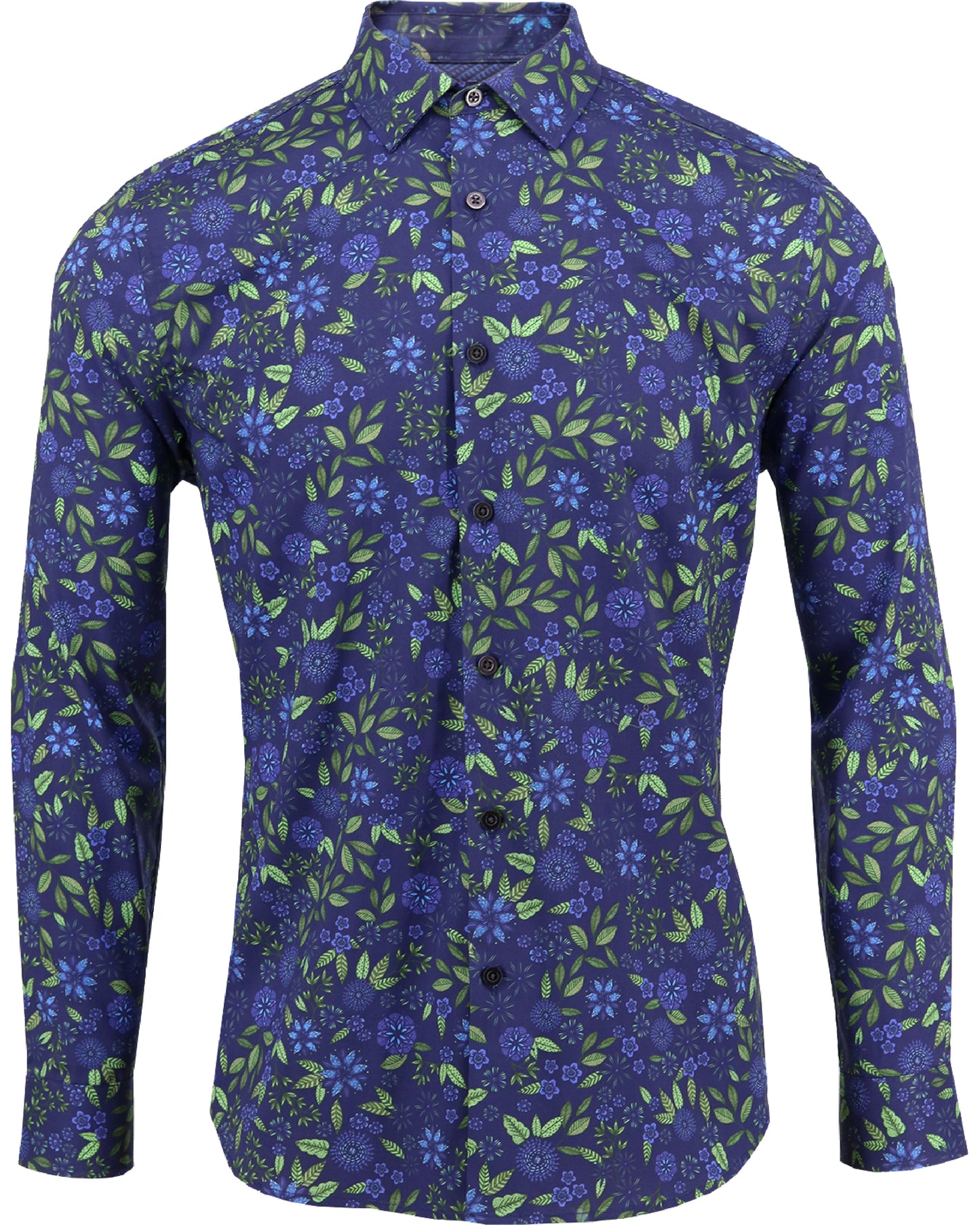 Long sleeved woven shirt with mechanical stretch for comfort.  This shirt has a modified spread collar and a tailored fit. Printed floral pattern in navy.